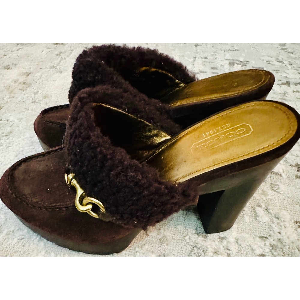 Coach Idyle Brown Suede‎ Shearling Platform Clogs Mules Wooden Block Heel  6B